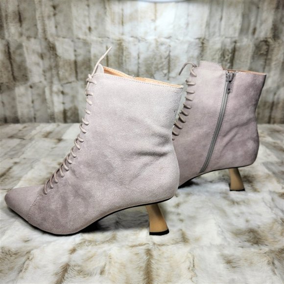 ☆ Ice Faux Suede Single Sole Gold Chunky Heel Ankle Booties - Picture 4 of 6